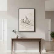 Minimalist Jesus Calming the Storm line art sketch in a black frame, styled on a neutral wall above a dark wood console table in a bright modern hallway.