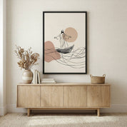 Modern minimalist Christian wall art of Jesus calming the storm displayed above a wooden console with neutral home decor.