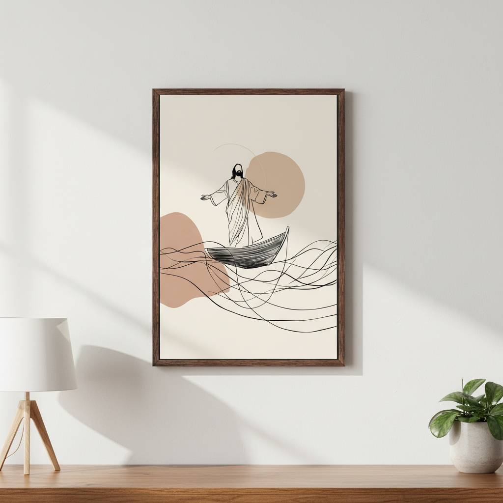Modern minimalist Christian wall art of Jesus standing above waves symbolizing faith and peace in life’s storms.