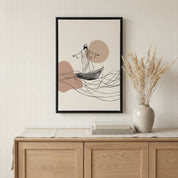 Minimalist line art Jesus calms the storm wall art styled in a neutral beige interior with pampas grass decor.
