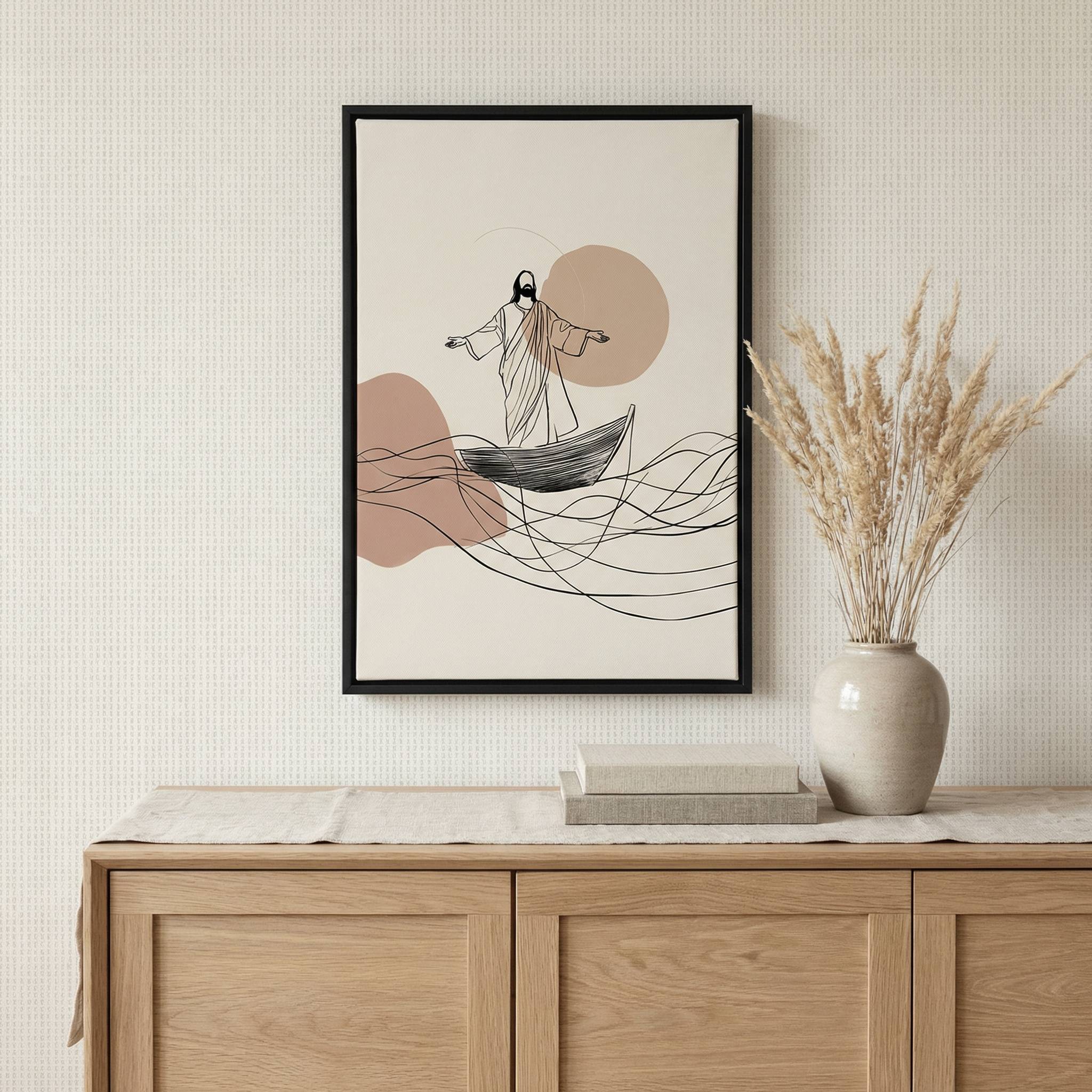 Minimalist line art Jesus calms the storm wall art styled in a neutral beige interior with pampas grass decor.