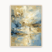 Contemporary abstract Jesus Calms the Storm framed canvas wall art featuring blue, beige, and gold textures in a maple wood frame.