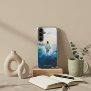 Christian Samsung Galaxy phone case featuring Jesus calming the storm, displayed on desk with notebook and coffee mug