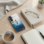 Christian Samsung Galaxy phone case featuring Jesus calming the storm, placed on desk with Bible, notebook, glasses and coffee
