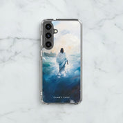 Christian Samsung Galaxy phone case featuring Jesus calming the storm, displayed on marble background