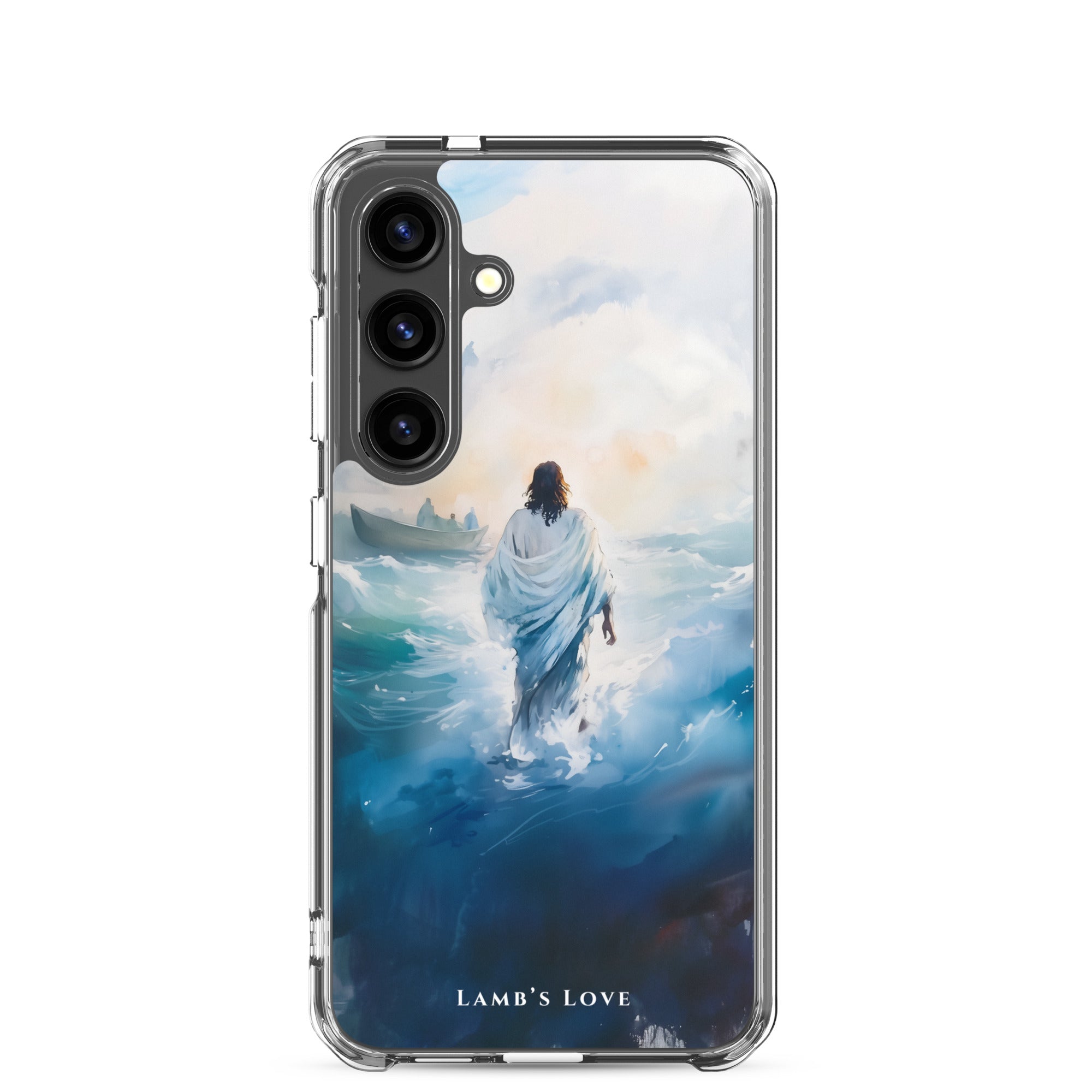 Christian Samsung Galaxy S24 phone case featuring Jesus calming the storm on the sea