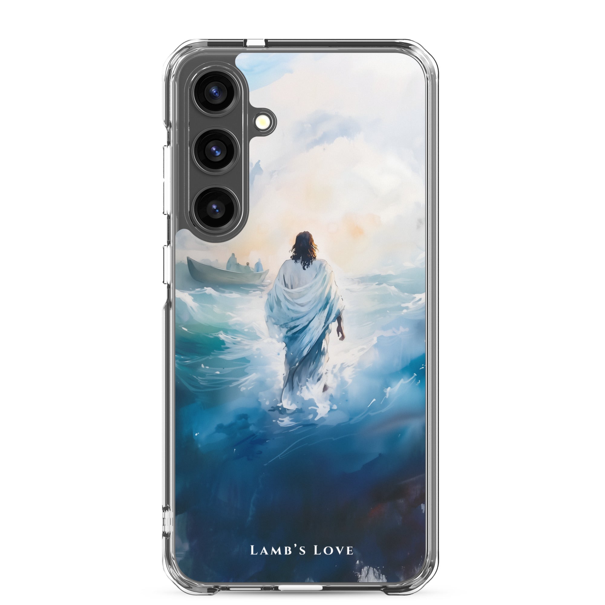 Christian Samsung Galaxy S24 Plus phone case featuring Jesus calming the storm on the sea