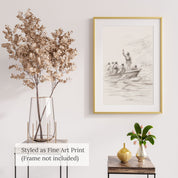 Minimalist Jesus Calming the Storm line art sketch styled as a fine art print in a thin gold frame, paired with dried floral decor in a modern glass vase.