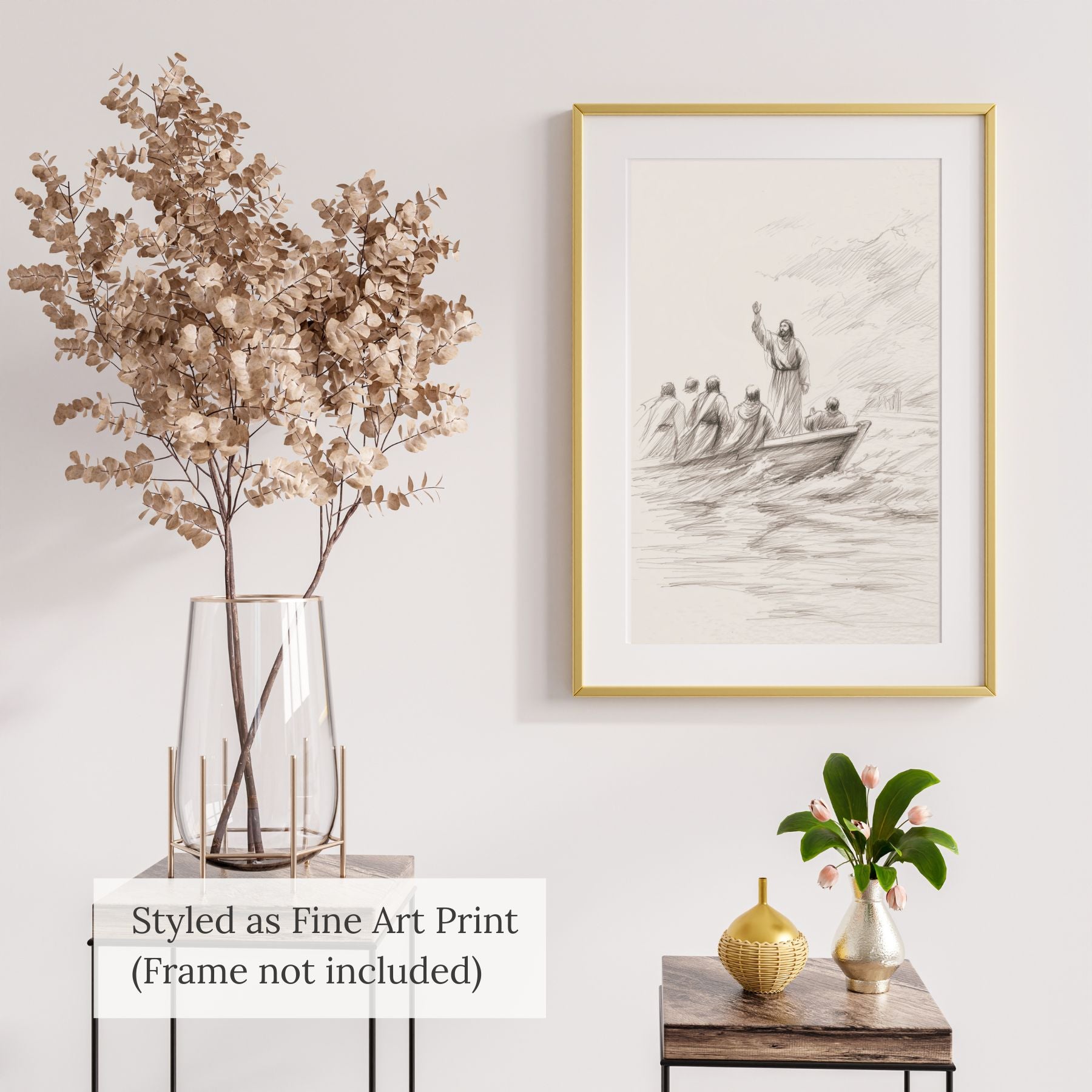Minimalist Jesus Calming the Storm line art sketch styled as a fine art print in a thin gold frame, paired with dried floral decor in a modern glass vase.