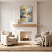 Framed abstract Jesus Calms the Storm canvas wall art hanging above a rustic wood fireplace mantel in a soft organic modern living room.