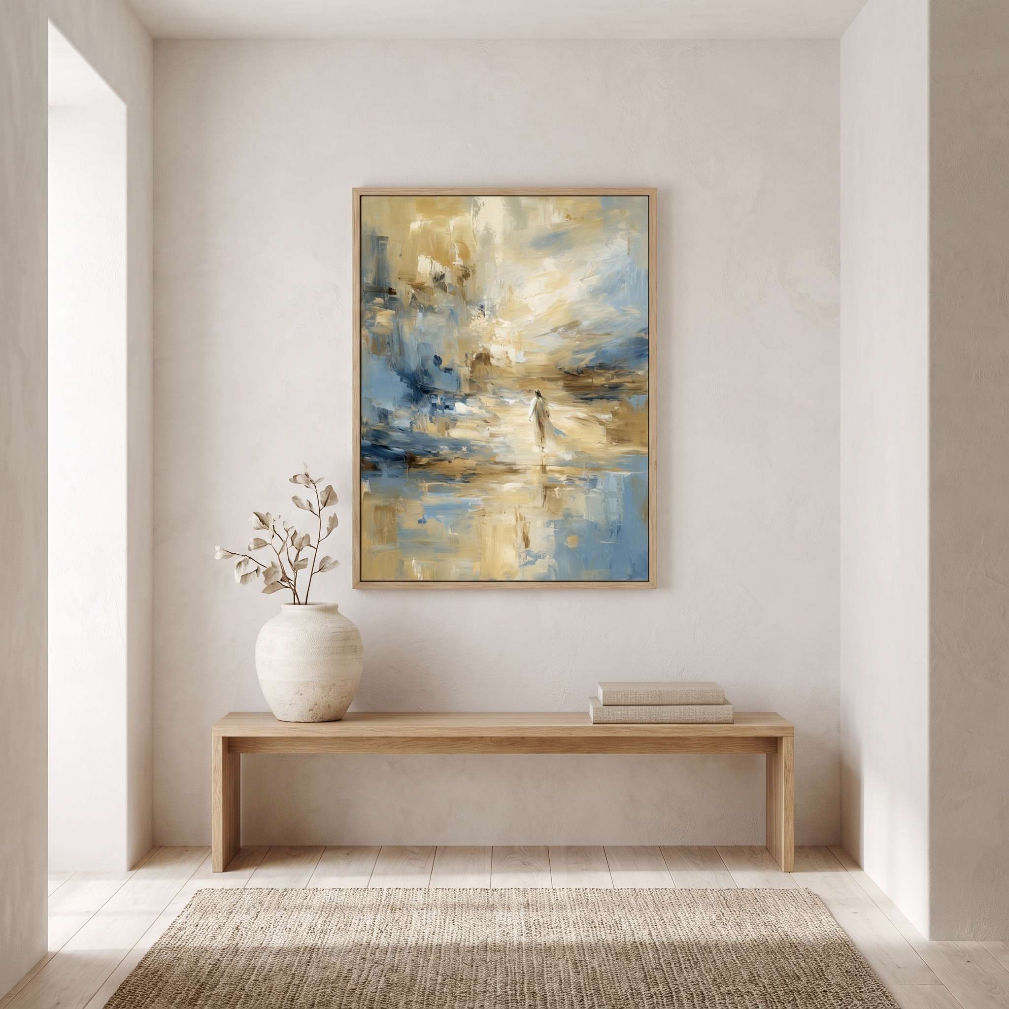 Framed abstract Jesus Calms the Storm canvas wall art hanging above a light wood bench with a ceramic vase in a soft organic modern hallway.