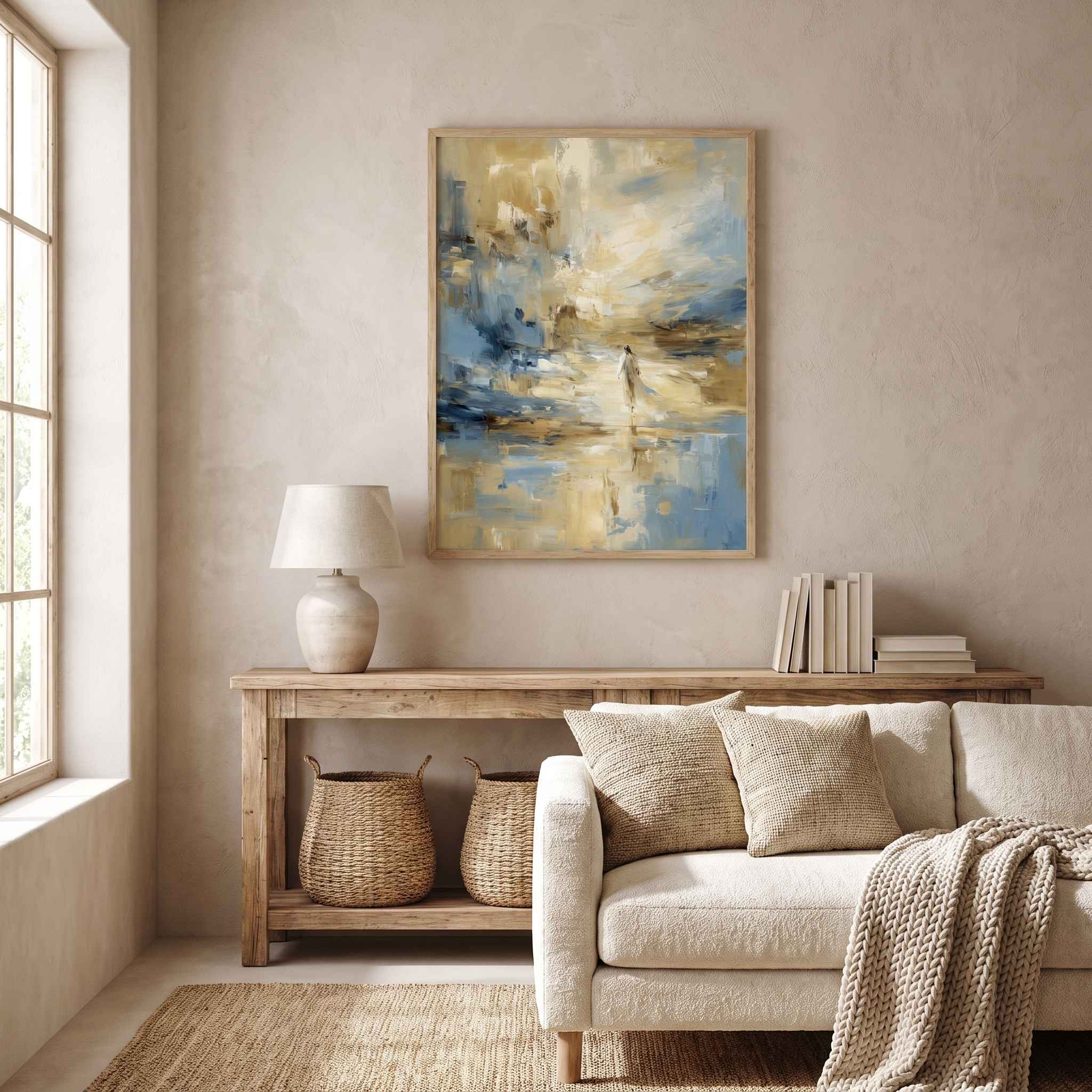 Framed abstract Jesus Calms the Storm canvas wall art hanging above a rustic wooden console table behind a cream sofa in a bright modern living room.