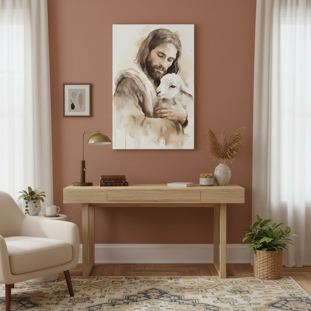 Christian wall art of Jesus embracing a lamb, displayed in a home office with terracotta accent wall.