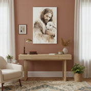 Christian wall art of Jesus embracing a lamb, displayed in a home office with terracotta accent wall.