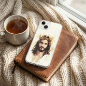 Phone case with a religious design on a book with a cup of tea