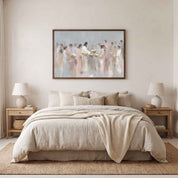 Jesus feeding the five thousand wall art above a neutral bedroom bed, depicting the loaves and fish miracle in soft watercolor tones.