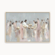 Jesus feeding the five thousand with loaves and fish, shown in peaceful watercolor Christian wall art inspired by the Bible story in John 6.