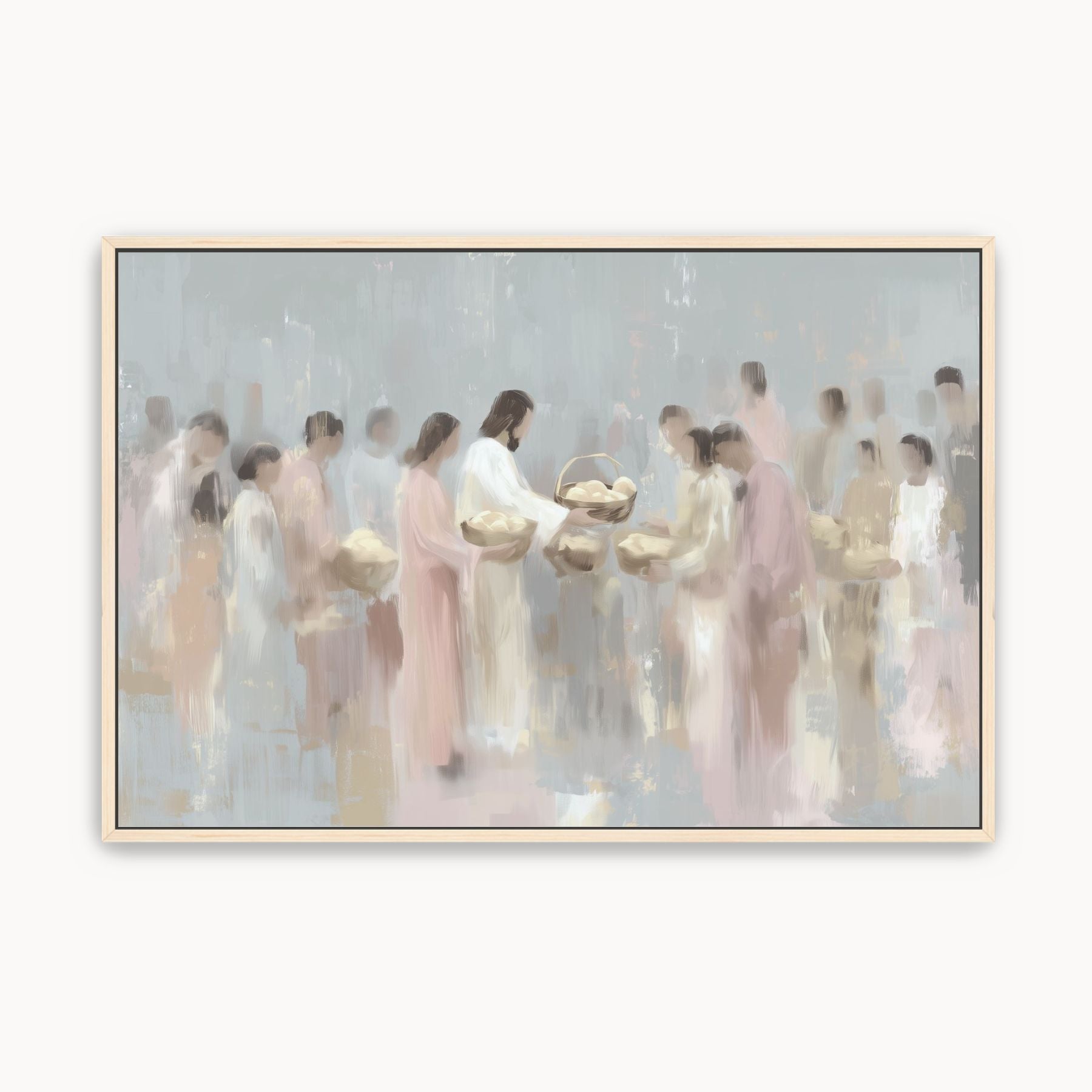 Jesus feeding the five thousand with loaves and fish, shown in peaceful watercolor Christian wall art inspired by the Bible story in John 6.