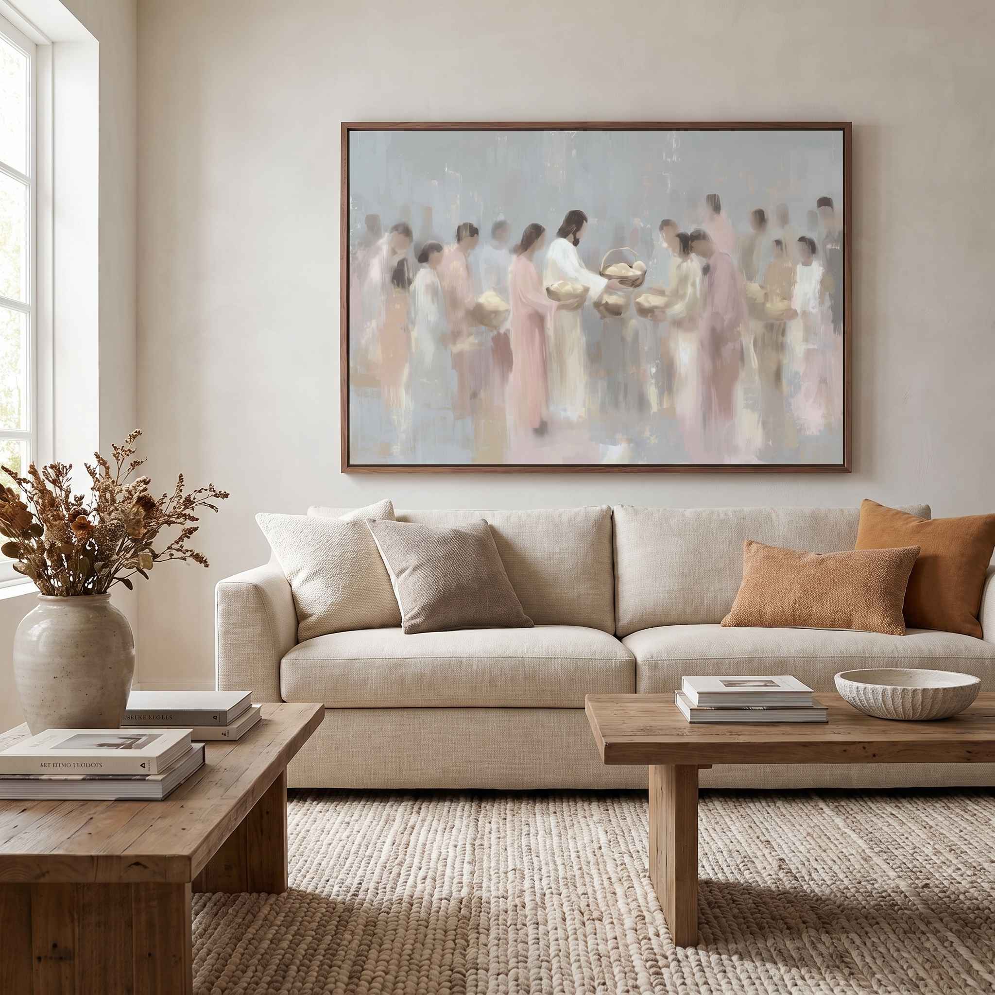 Framed Jesus feeding the five thousand Bible story wall art above an entryway console, showing Christ sharing loaves with the crowd in a soft watercolor scene.