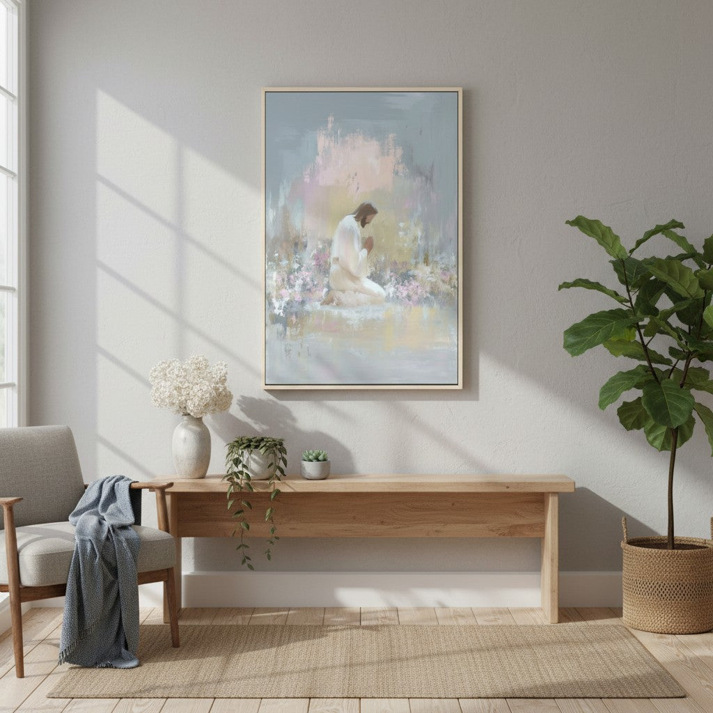 Christian watercolor canvas of Jesus praying in the garden displayed in a neutral living room.
