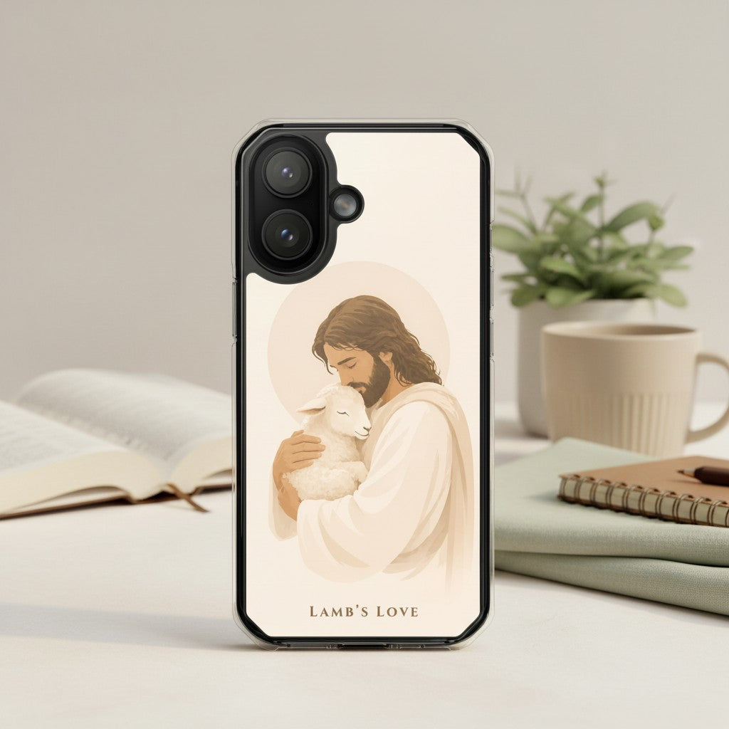 Christian iPhone case featuring Jesus the Good Shepherd holding a lamb, lifestyle scene with Bible and coffee, MagSafe clear phone case aesthetic