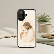 Christian iPhone case featuring Jesus the Good Shepherd holding a lamb, lifestyle scene with Bible and coffee, MagSafe clear phone case aesthetic
