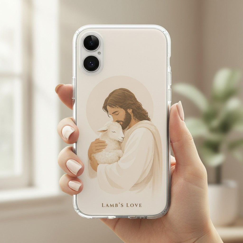 Jesus the Good Shepherd Christian iPhone case with lamb illustration, MagSafe clear phone cover held in hand, soft neutral aesthetic
