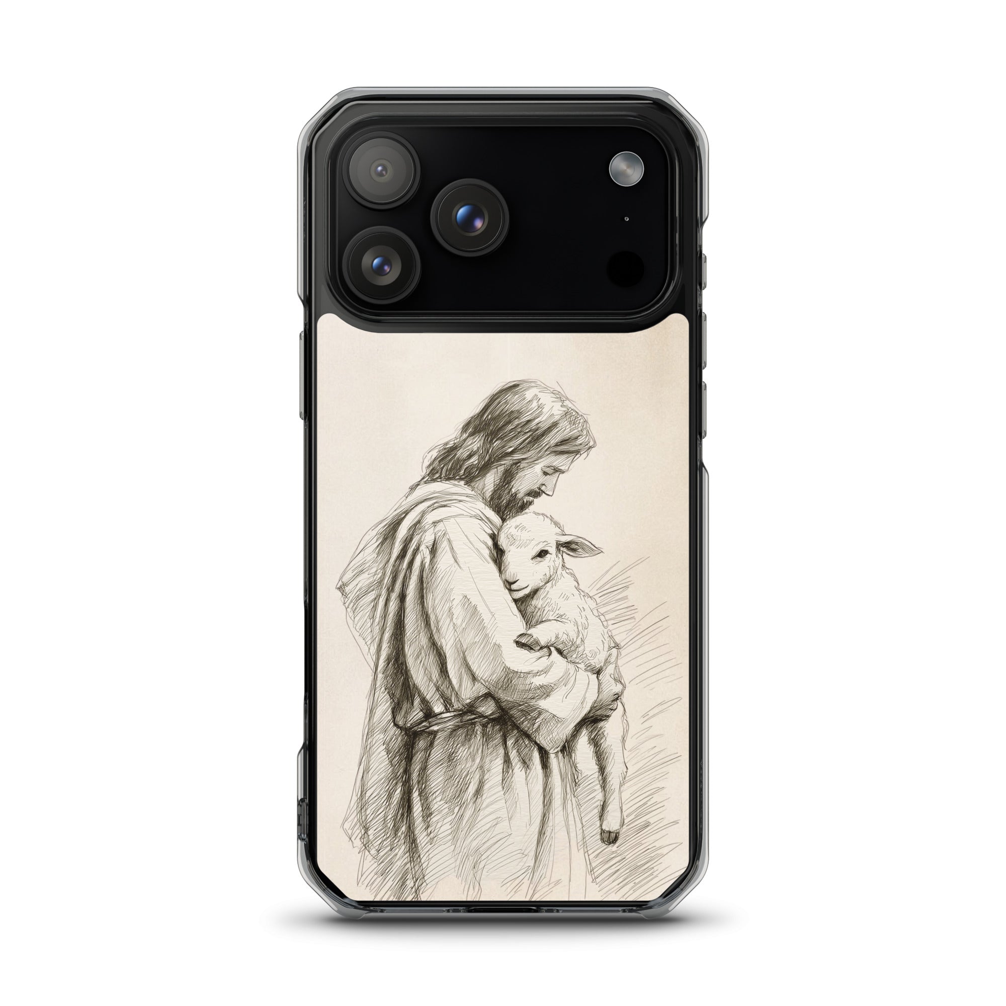 Jesus the Good Shepherd Christian MagSafe iPhone case featuring sketch-style artwork of Jesus holding a lamb with soft neutral aesthetic