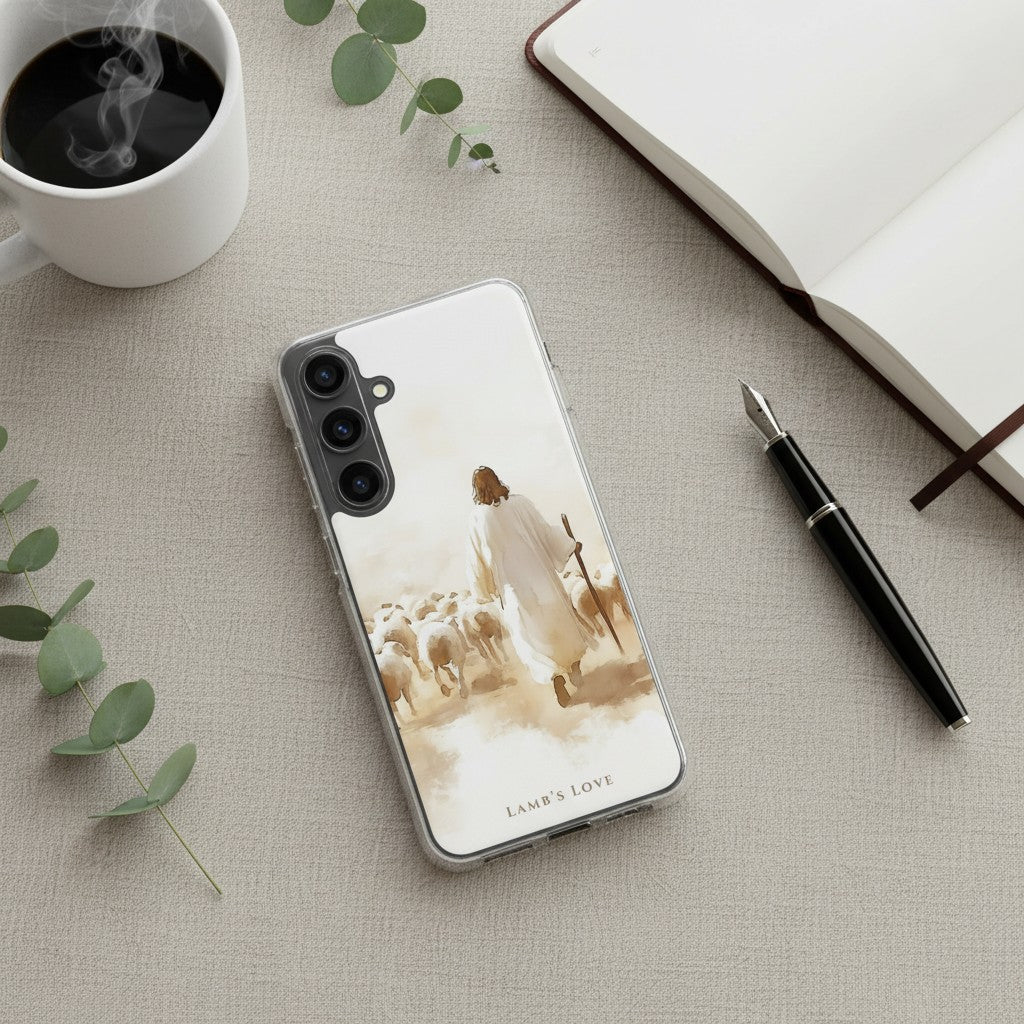 Christian Samsung Galaxy phone case featuring Jesus the Good Shepherd on desk with Bible notebook and coffee