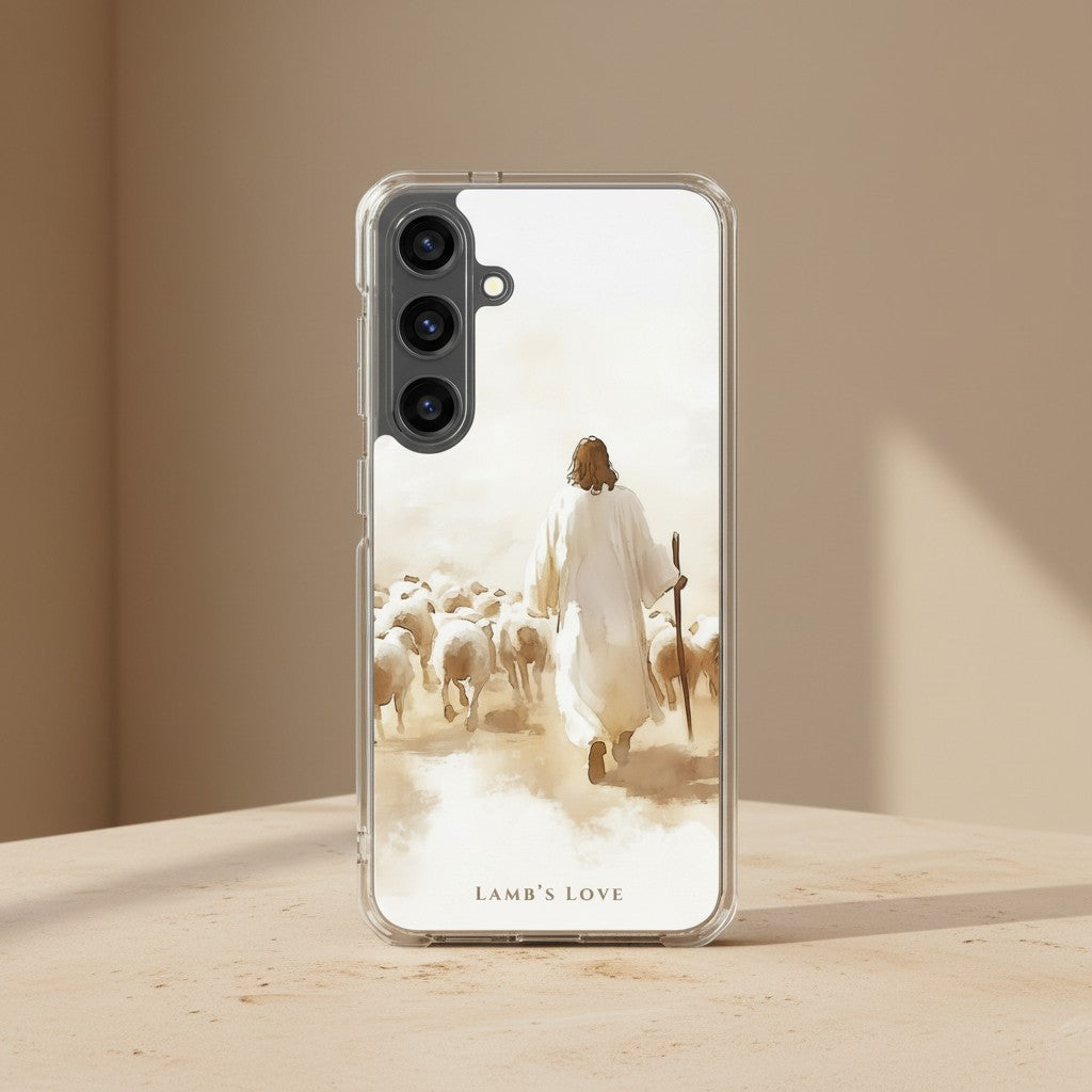Christian Samsung Galaxy phone case featuring Jesus the Good Shepherd walking with sheep