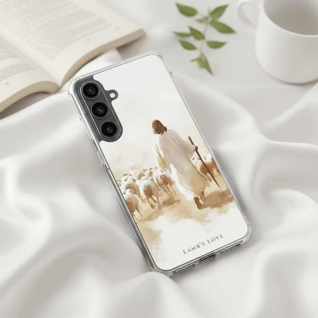 Christian Samsung Galaxy phone case featuring Jesus the Good Shepherd leading sheep on soft white fabric background