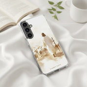 Christian Samsung Galaxy phone case featuring Jesus the Good Shepherd leading sheep on soft white fabric background