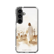 Christian Samsung Galaxy S24 phone case featuring Jesus the Good Shepherd walking with sheep