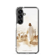Christian Samsung Galaxy S25 phone case featuring Jesus the Good Shepherd walking with sheep
