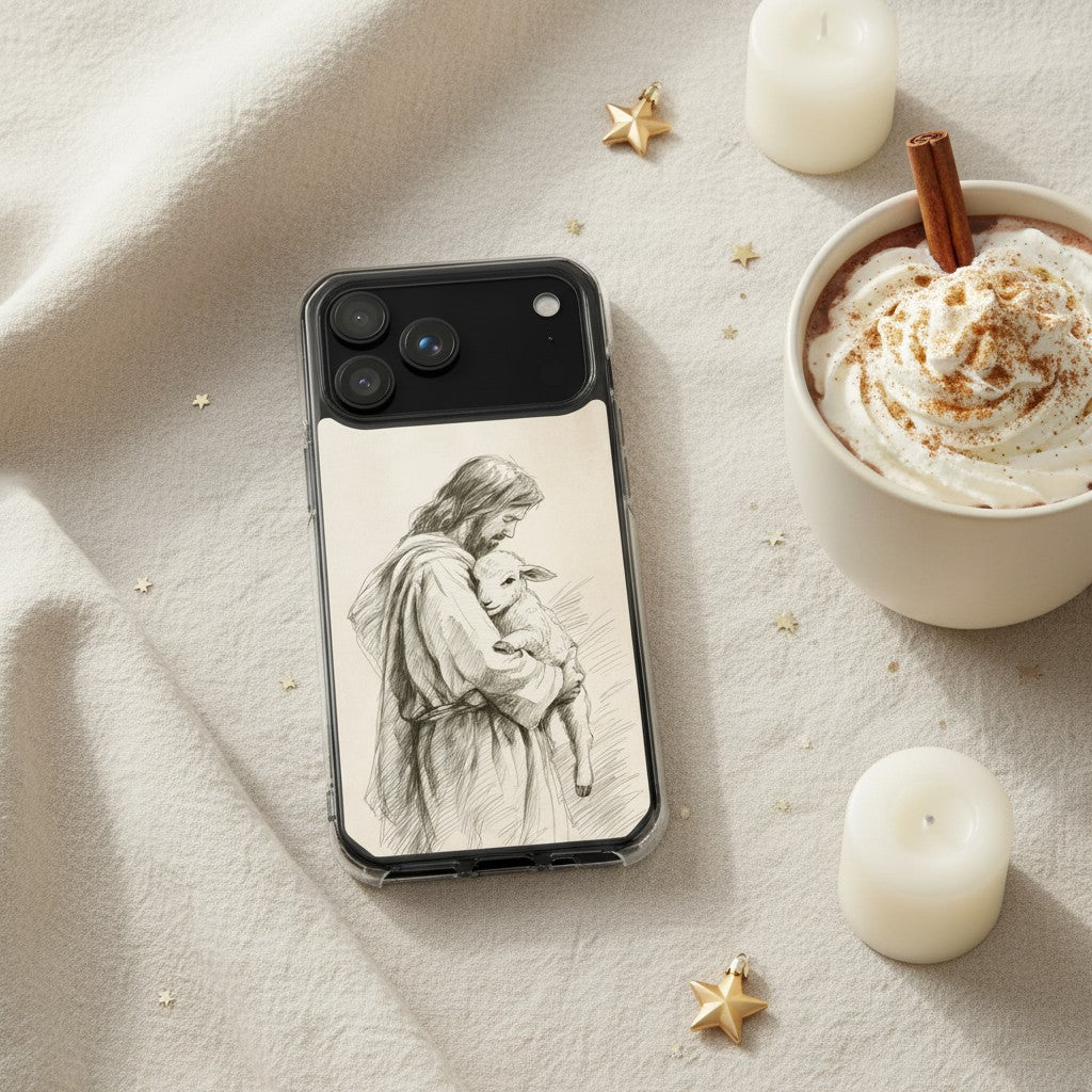 Jesus the Good Shepherd sketch Christian MagSafe iPhone case beside hot cocoa and candles with cozy Christmas flat lay aesthetic and warm faith-inspired atmosphere