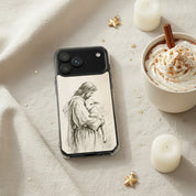Jesus the Good Shepherd sketch Christian MagSafe iPhone case beside hot cocoa and candles with cozy Christmas flat lay aesthetic and warm faith-inspired atmosphere