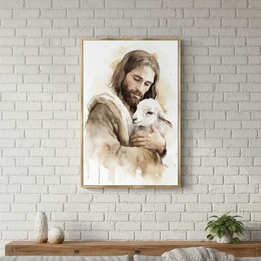 Jesus the Good Shepherd holding a lamb in a gold frame on a white brick wall above a wood console, Christian watercolor wall art inspired by John 10:11.