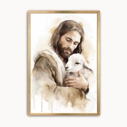 Jesus the Good Shepherd holding a lamb in a warm watercolor Christian wall art print inspired by John 10:11.