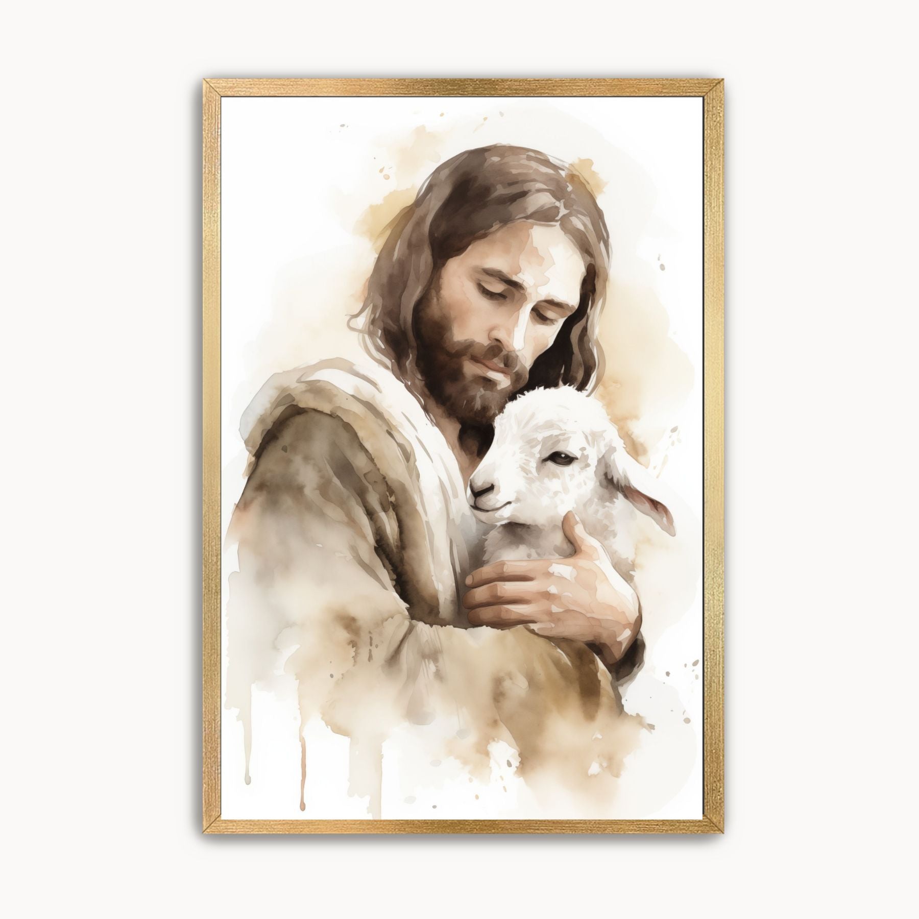 Jesus the Good Shepherd holding a lamb in a warm watercolor Christian wall art print inspired by John 10:11.