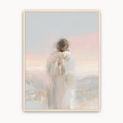 Soft watercolor Christian wall art of Jesus the Good Shepherd holding a rescued white lamb in a light wood frame, a peaceful image for a Christian home or nursery.