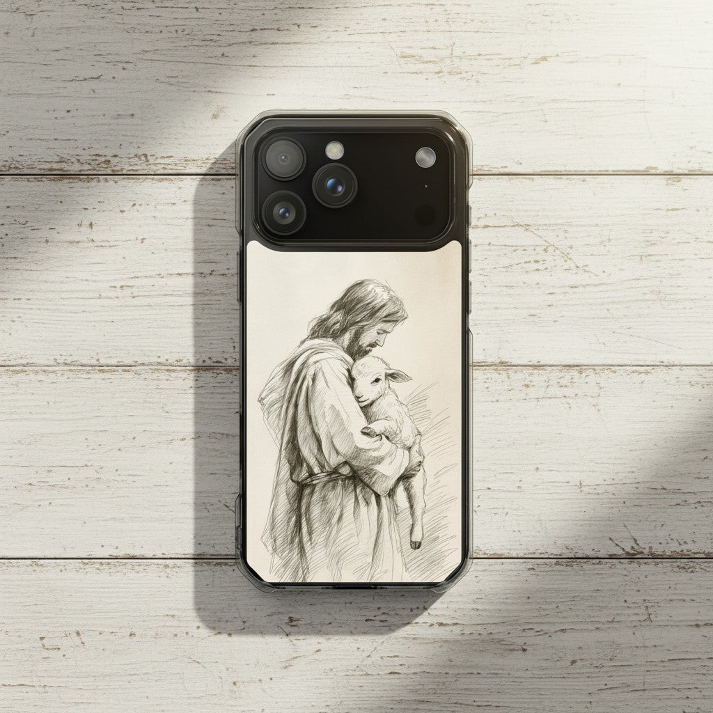 Jesus the Good Shepherd sketch Christian MagSafe iPhone case on rustic white wood background with soft neutral farmhouse aesthetic and faith-inspired artwork