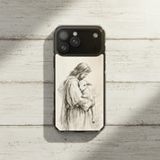 Jesus the Good Shepherd sketch Christian MagSafe iPhone case on rustic white wood background with soft neutral farmhouse aesthetic and faith-inspired artwork