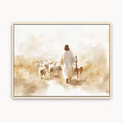 Jesus the Good Shepherd leading a flock of sheep, watercolor Christian wall art inspired by John 10:11 for a peaceful faith-filled home.