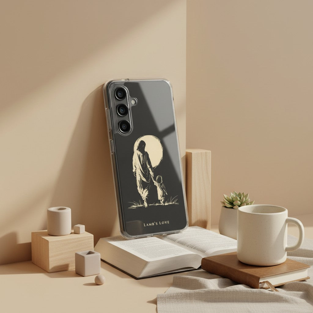 Christian Samsung Galaxy phone case showing Jesus holding a child, displayed on an open Bible with coffee mug