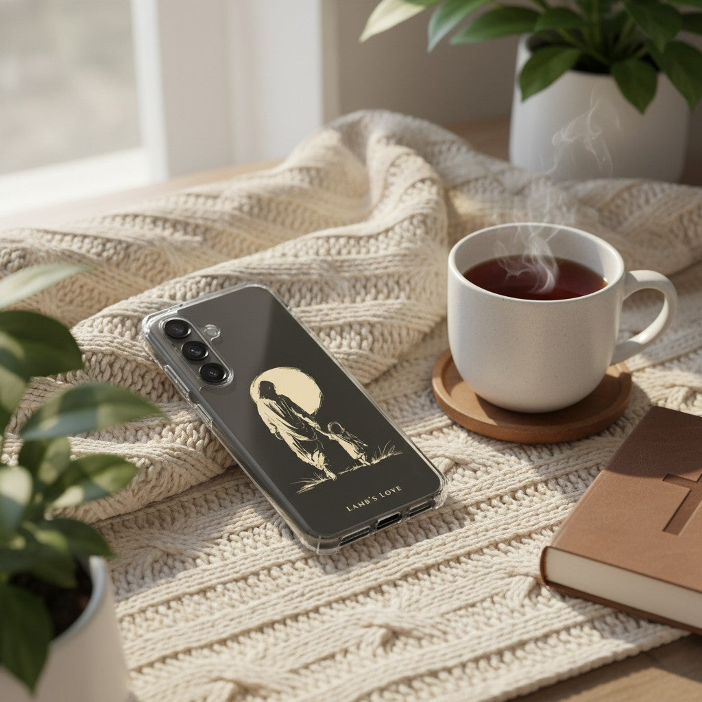 Christian Samsung Galaxy phone case showing Jesus holding the hand of a child beside Bible and coffee in devotional morning setting
