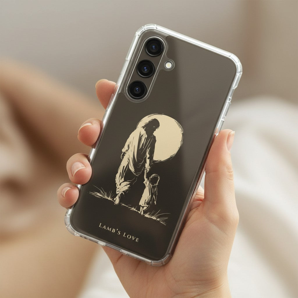 Christian Samsung Galaxy phone case showing Jesus holding the hand of a child, faith design