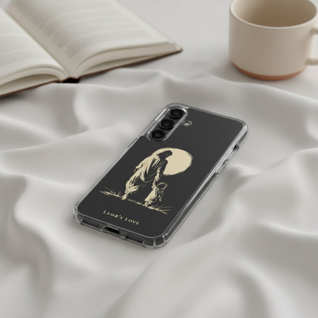 Christian Samsung Galaxy phone case featuring Jesus holding the hand of a child, placed on soft white fabric beside an open Bible and coffee mug
