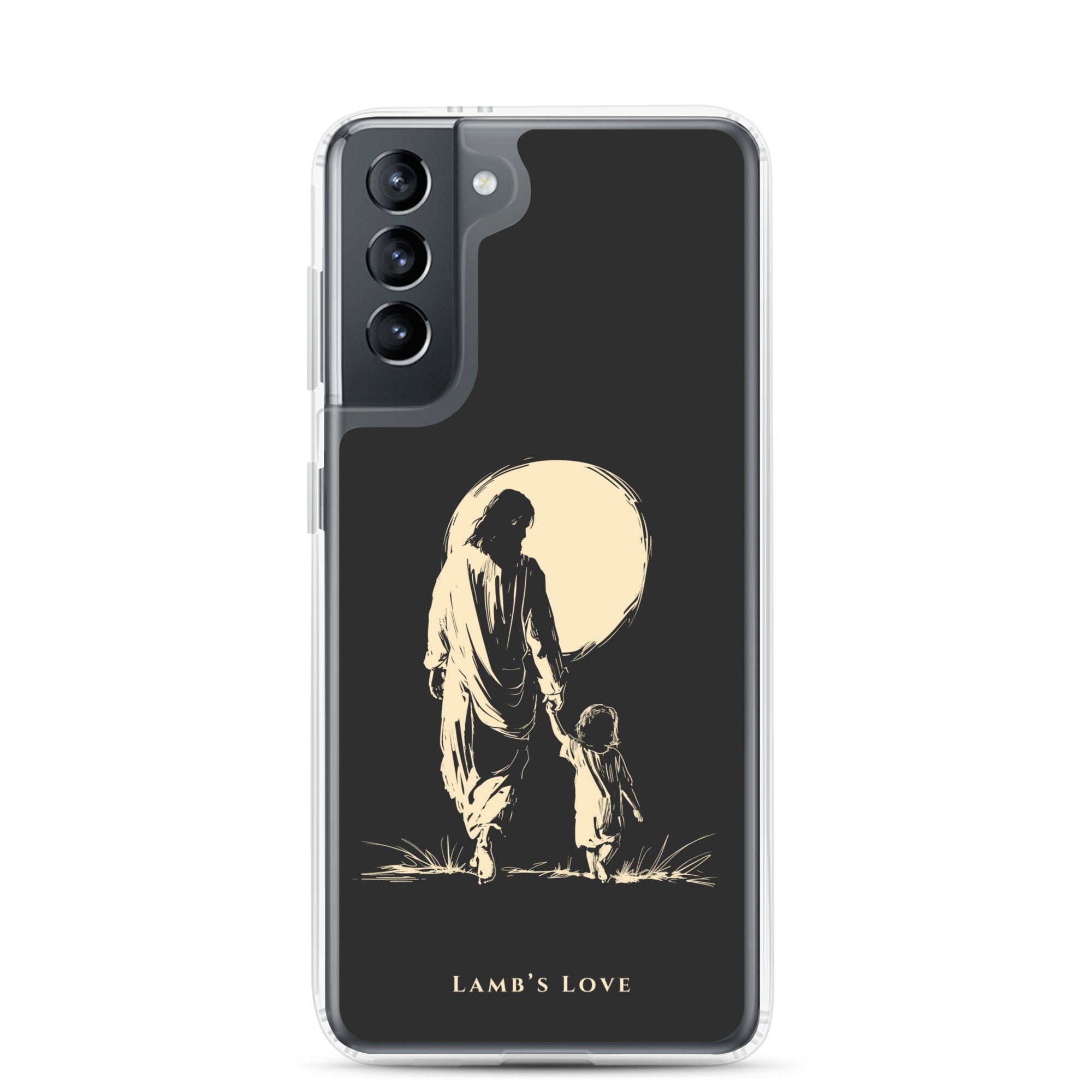 Christian Samsung Galaxy S21 phone case showing Jesus holding the hand of a child under the moon