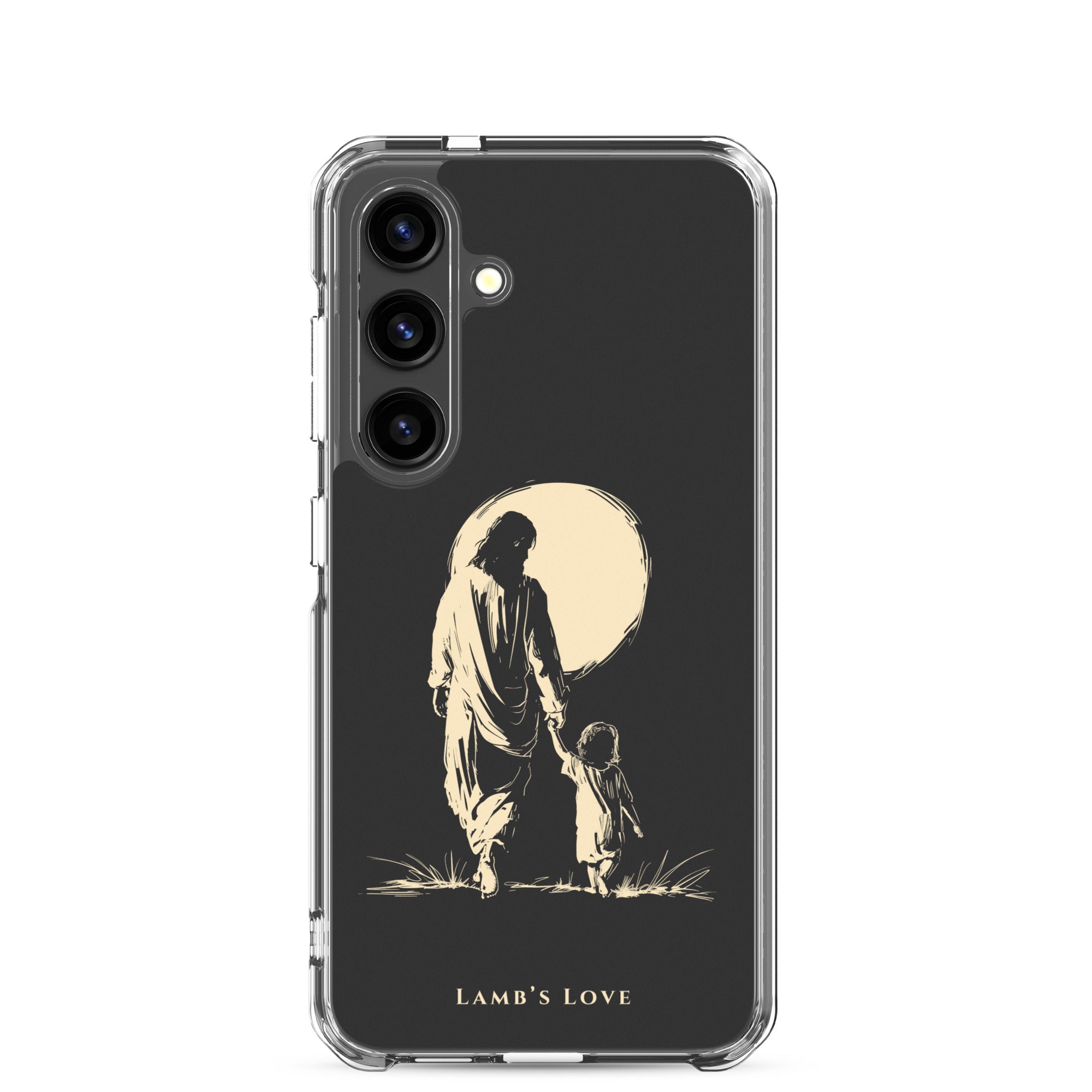 Christian Samsung Galaxy S24 phone case featuring Jesus holding the hand of a child under the moon