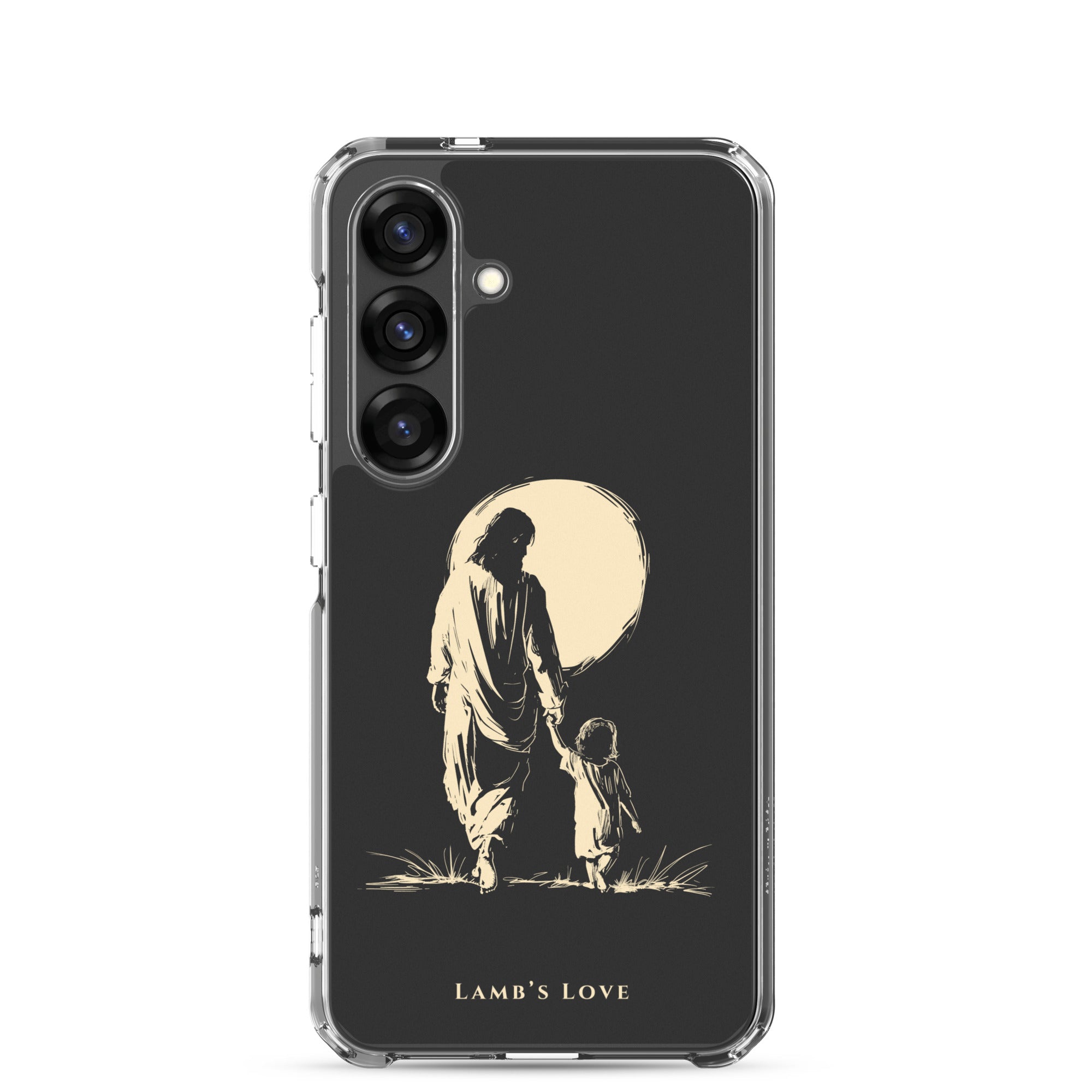 Christian Samsung Galaxy S25 phone case showing Jesus holding the hand of a child under the moon